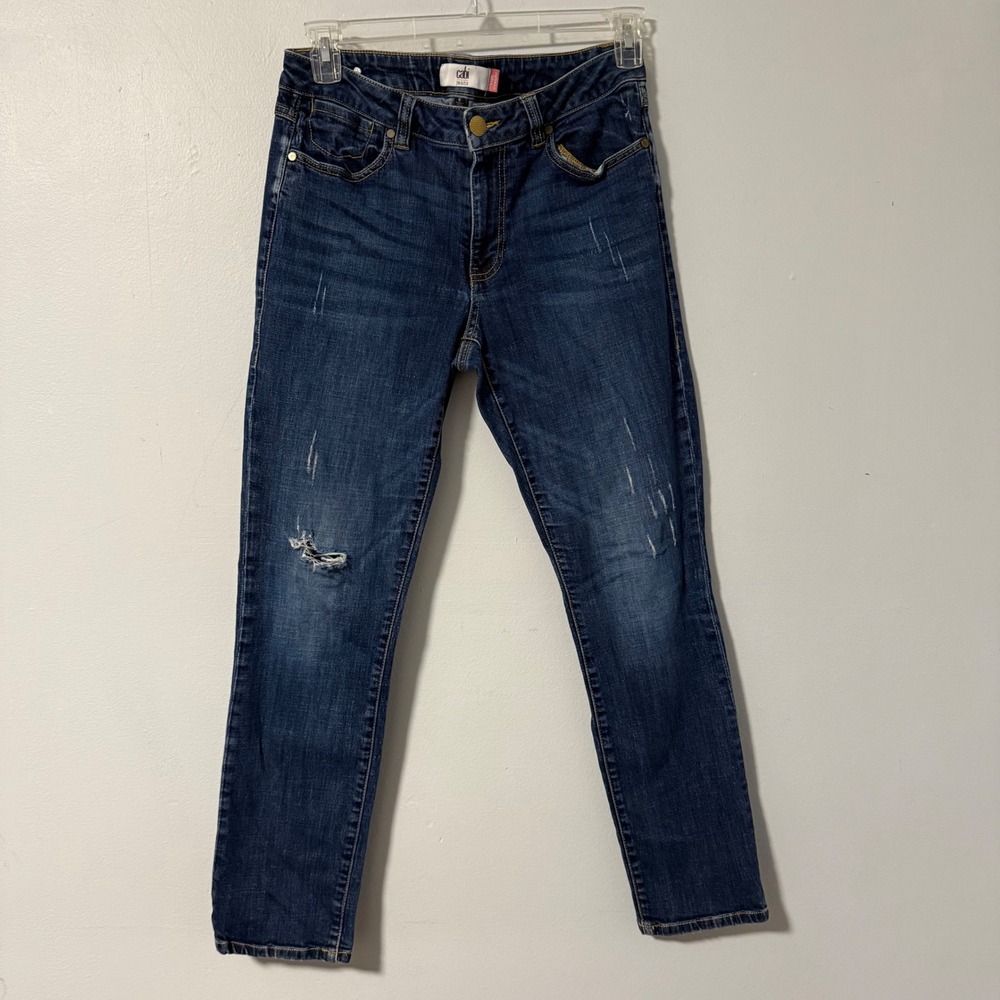 Cabi Jeans Women Size 8‎ High Straight Dark Wash Distressed Denim